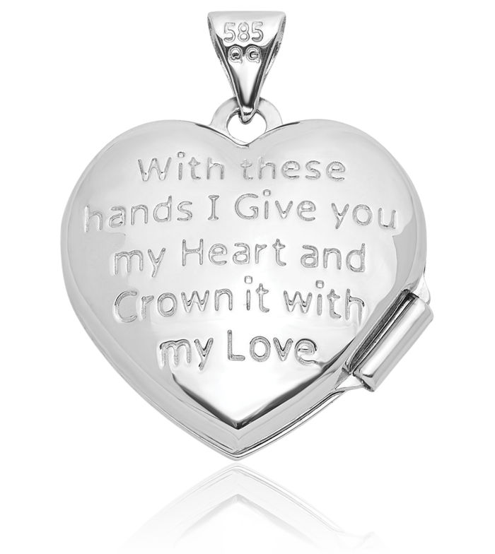 14K Solid White Gold Diamond Heart Irish Claddagh Celtic Personalized Photo Locket Necklace Picture Pendant Charm Jewelry