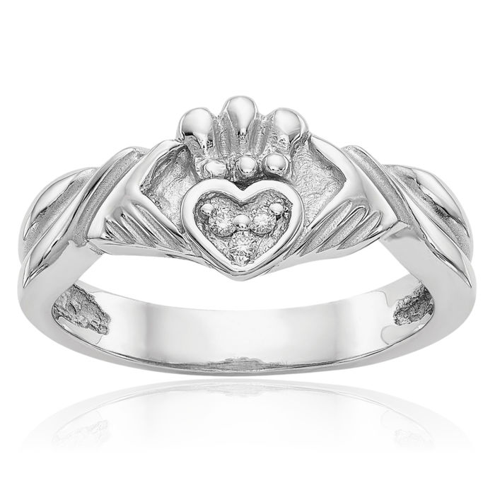 14K Solid White Gold Diamond Heart Irish Claddagh Celtic Ring Jewelry