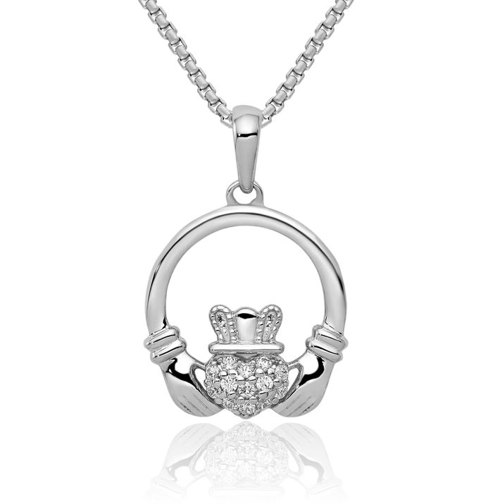 14K Solid White Gold Diamond Heart Irish Claddagh Circle Round Necklace Celtic Charm Pendant Jewelry