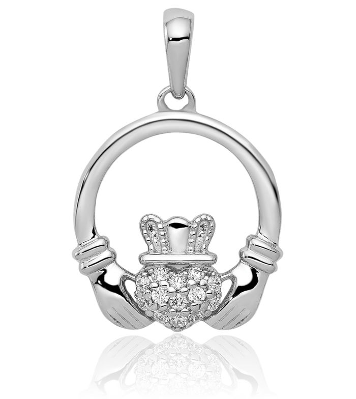 14K Solid White Gold Diamond Heart Irish Claddagh Circle Round Necklace Celtic Charm Pendant Jewelry