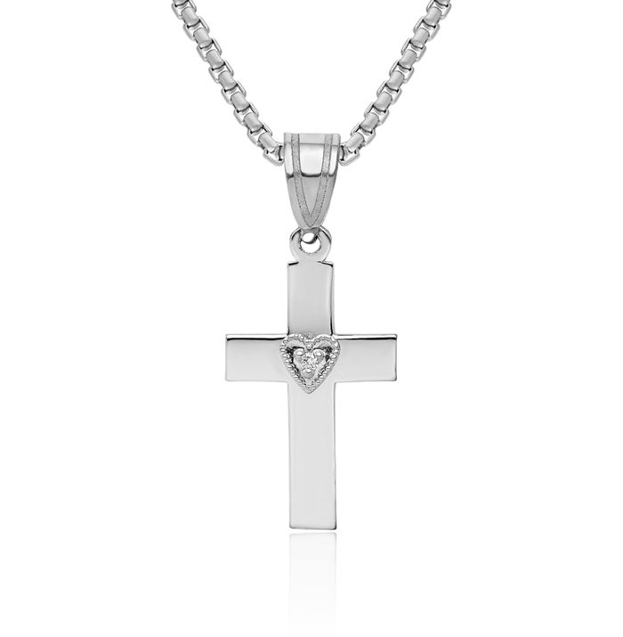 14K Solid White Gold Diamond Heart Latin Mexican Holy Cross Necklace Religious Chain Pendant Jesus Christ Charm