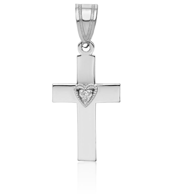 14K Solid White Gold Diamond Heart Latin Mexican Holy Cross Necklace Religious Chain Pendant Jesus Christ Charm