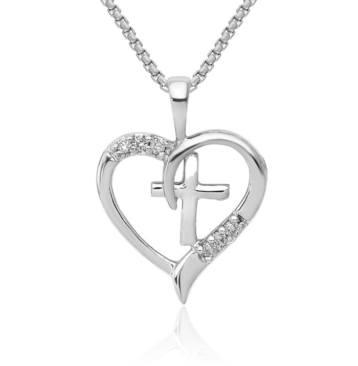 14K Solid White Gold Diamond Heart Holy Cross Necklace Religious Chain Pendant Jesus Christ Charm