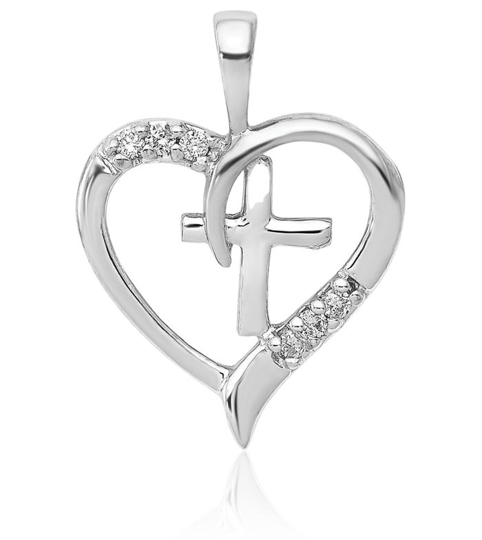 14K Solid White Gold Diamond Heart Holy Cross Necklace Religious Chain Pendant Jesus Christ Charm