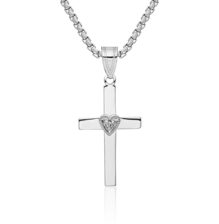 14K Solid White Gold Diamond Heart Latin Mexican Holy Cross Necklace Religious Chain Pendant Jesus Christ Charm