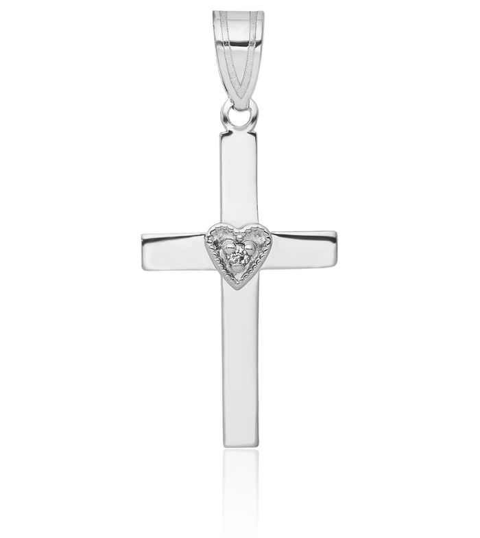 14K Solid White Gold Diamond Heart Latin Mexican Holy Cross Necklace Religious Chain Pendant Jesus Christ Charm