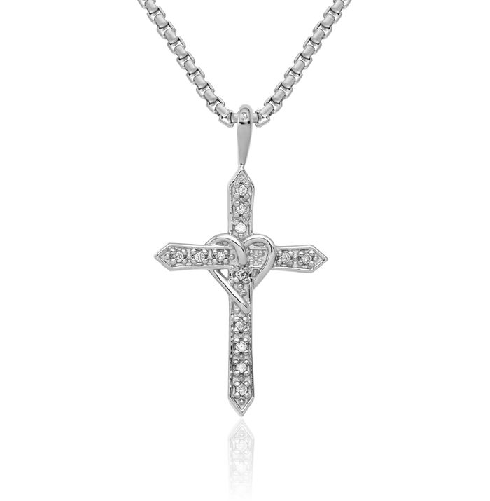 14K Solid White Gold Diamond Heart Holy Cross Necklace Religious Chain Pendant Jesus Christ Charm