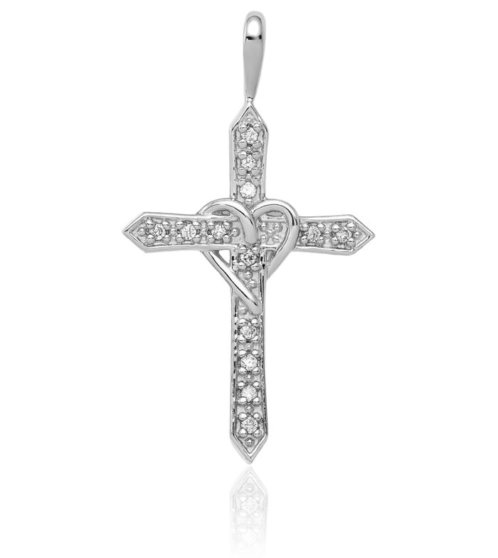 14K Solid White Gold Diamond Heart Holy Cross Necklace Religious Chain Pendant Jesus Christ Charm