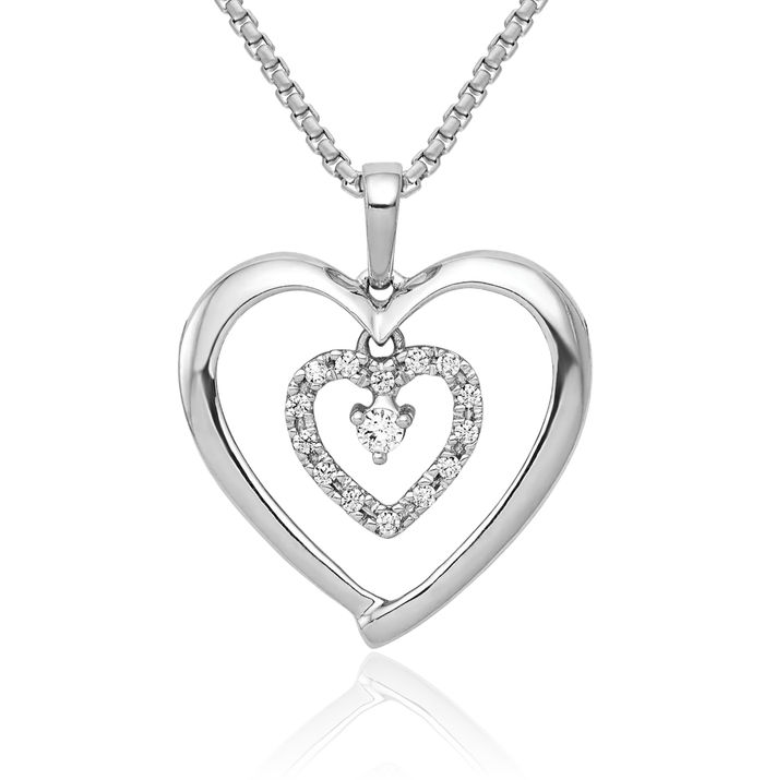 14K Solid White Gold Diamond Heart Dangling Necklace Chain Pendant Charm