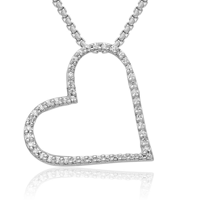 14K Solid White Gold Diamond Heart Floating Chain Slide Pendant Necklace Charm