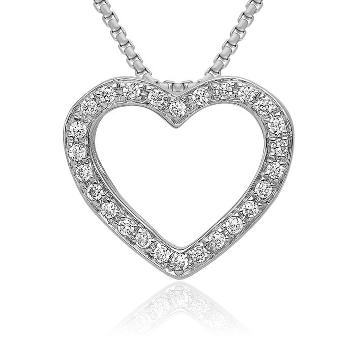 14K Solid White Gold Diamond Heart Floating Chain Slide Pendant Necklace Charm