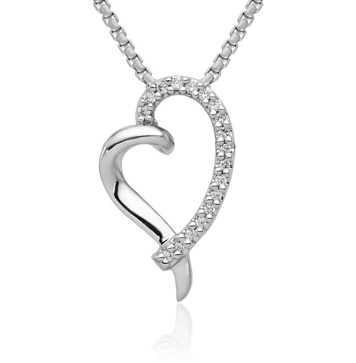 14K Solid White Gold Diamond Heart Floating Chain Slide Pendant Necklace Charm