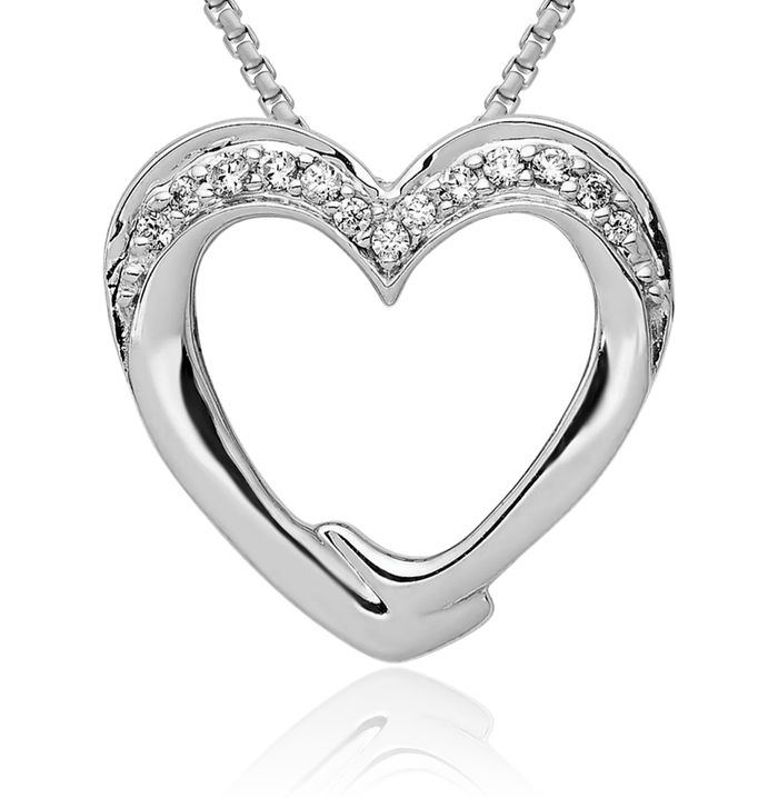 14K Solid White Gold Diamond Heart Floating Chain Slide Pendant Necklace Charm