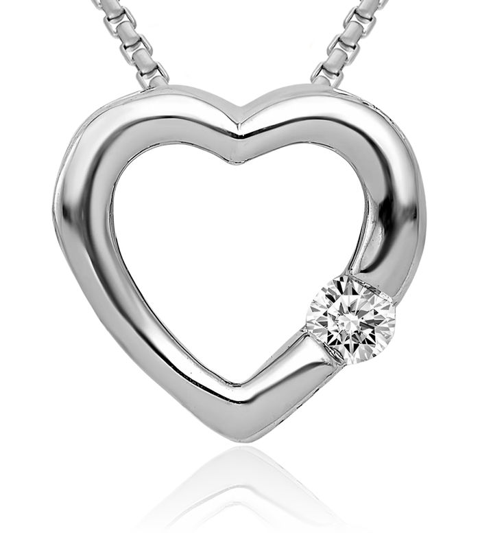 14K Solid White Gold Diamond Heart Floating Chain Slide Pendant Solitaire Necklace Charm