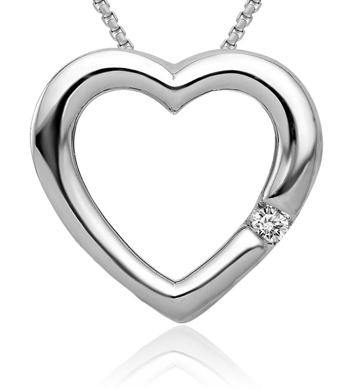 14K Solid White Gold Diamond Heart Floating Chain Slide Pendant Solitaire Necklace Charm