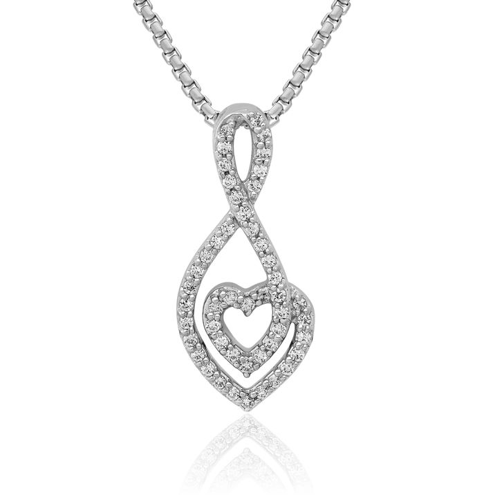 14K Solid White Gold Diamond Heart Infinity Twisted Love Knot Symbol Floating Chain Slide Pendant Necklace Charm