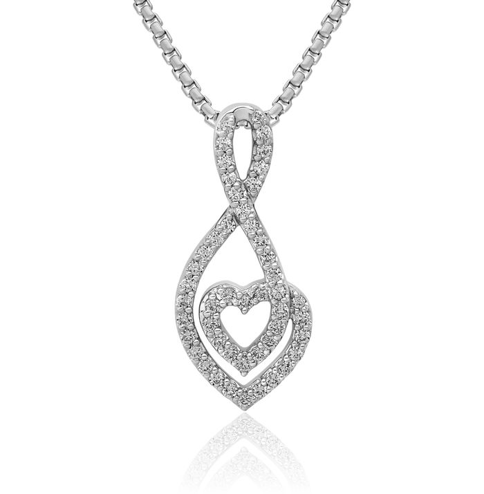 14K Solid White Gold Diamond Heart Infinity Twisted Love Knot Symbol Floating Chain Slide Pendant Necklace Charm