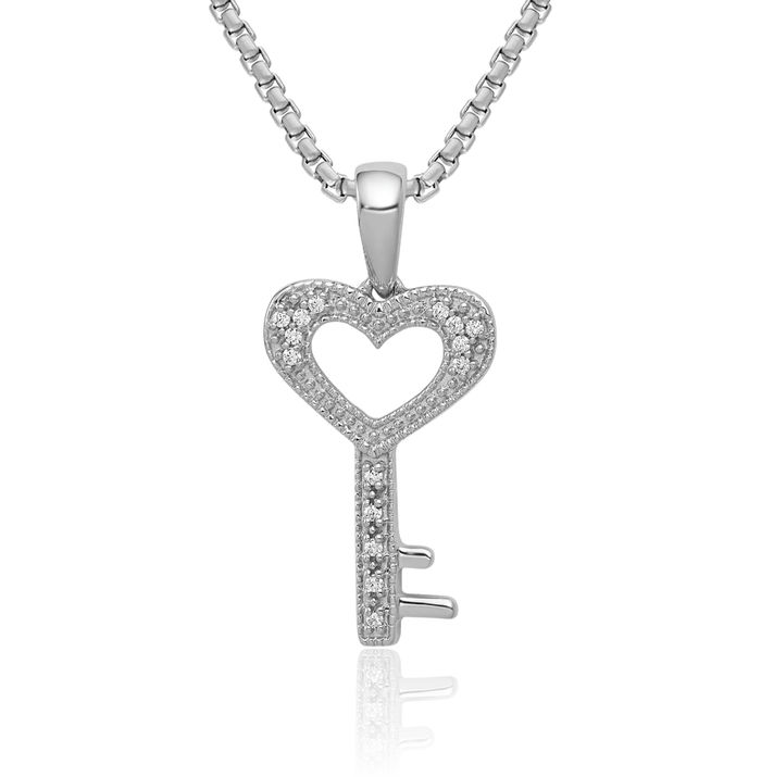 14K Solid White Gold Diamond Heart Key Necklace Chain Pendant Charm