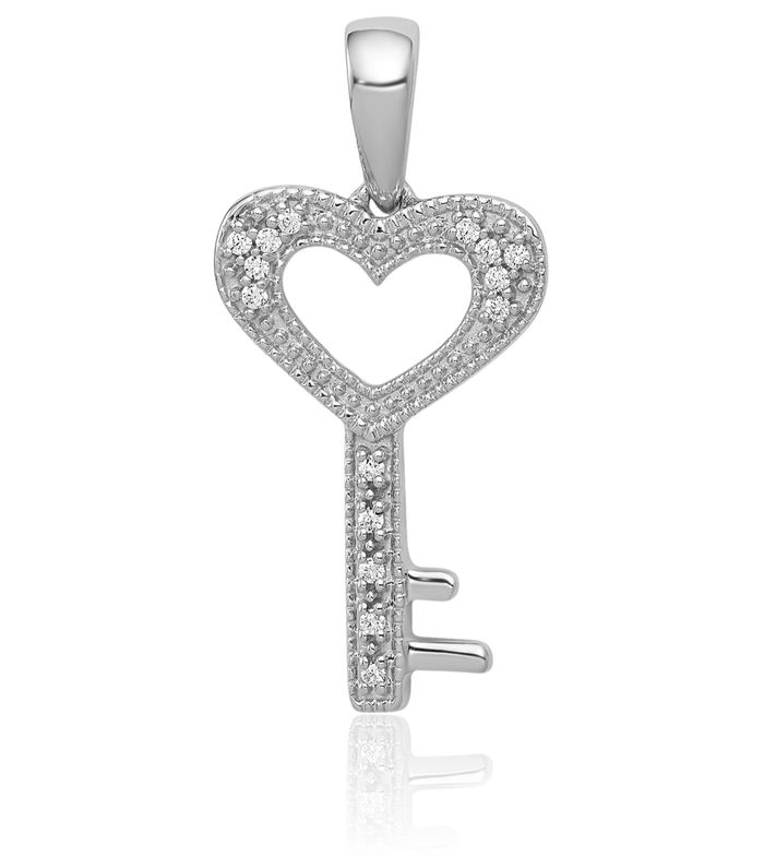 14K Solid White Gold Diamond Heart Key Necklace Chain Pendant Charm