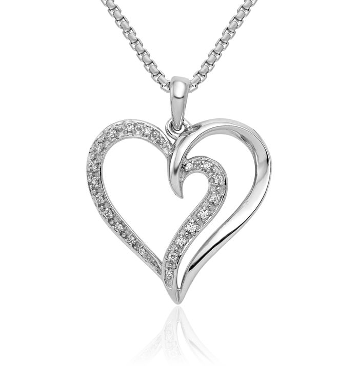 14K Solid White Gold Diamond Heart Necklace Love Pendant Charm