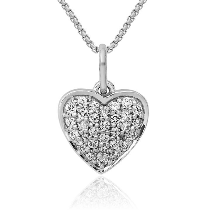 14K Solid White Gold Diamond Heart Necklace Love Pendant Charm