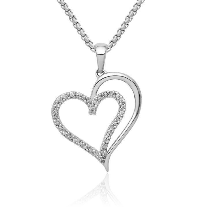 14K Solid White Gold Diamond Heart Necklace Love Pendant Charm