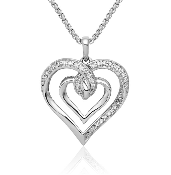 14K Solid White Gold Diamond Heart Necklace Love Pendant Charm