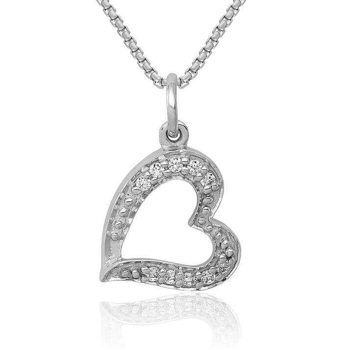 14K Solid White Gold Diamond Heart Necklace Love Pendant Charm