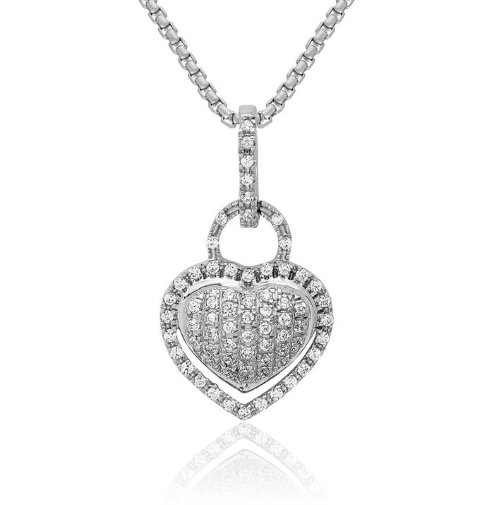 14K Solid White Gold Diamond Heart Necklace Love Pendant Charm