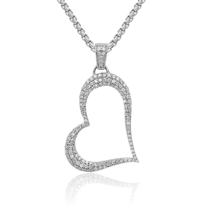 14K Solid White Gold Diamond Heart Necklace Love Pendant Charm