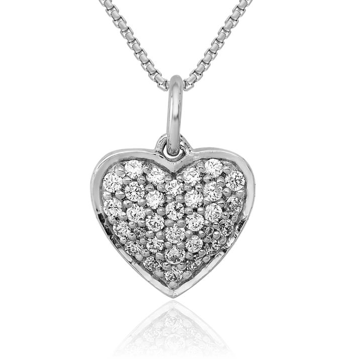 14K Solid White Gold Diamond Heart Necklace Love Pendant Charm