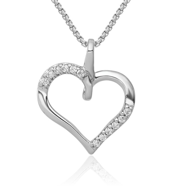 14K Solid White Gold Diamond Heart Necklace Love Pendant Charm