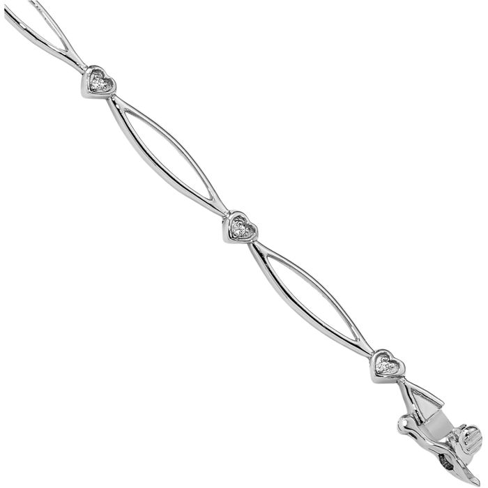 14K Solid White Gold Diamond Heart Oval Cable Rolo Link Chain Charm Bracelet