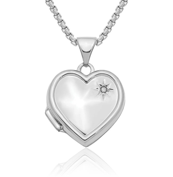 14K Solid White Gold Diamond Heart Personalized Photo Locket Necklace Picture Pendant Charm