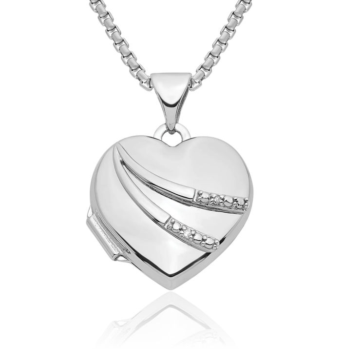 14K Solid White Gold Diamond Heart Personalized Photo Locket Necklace Picture Pendant Charm
