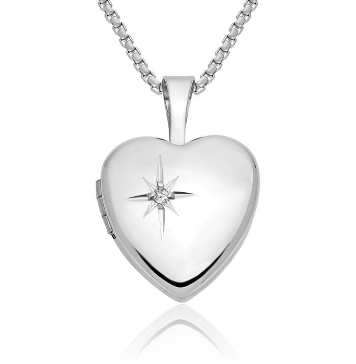 14K Solid White Gold Diamond Heart Personalized Photo Locket Necklace Picture Pendant Charm