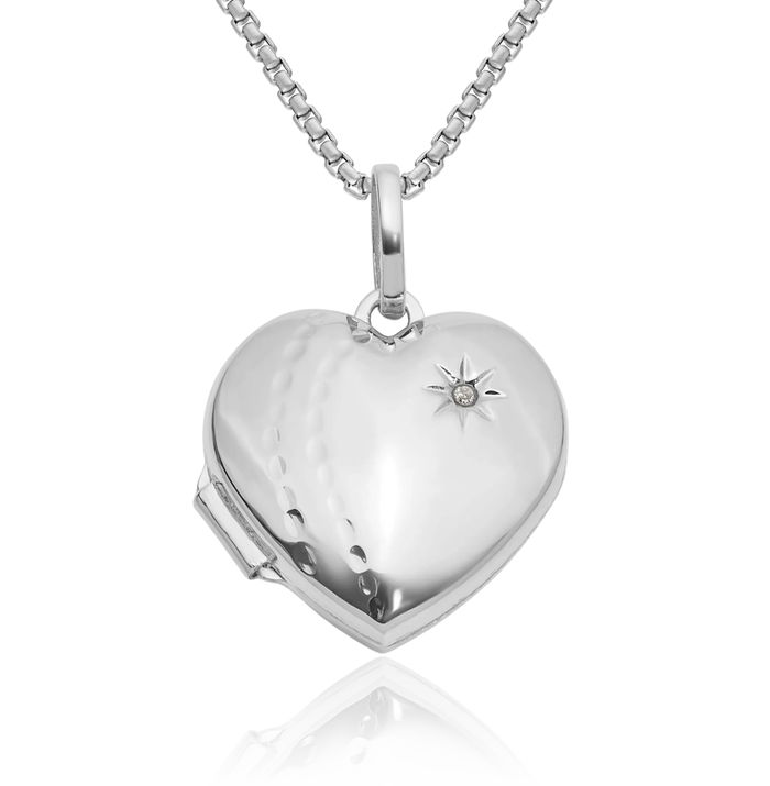 14K Solid White Gold Diamond Heart Personalized Photo Locket Necklace Picture Pendant Charm