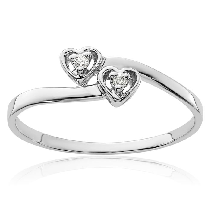 14K Solid White Gold Diamond Heart Ring Love Band