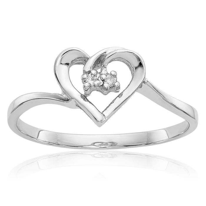 14K Solid White Gold Diamond Heart Ring Love Band