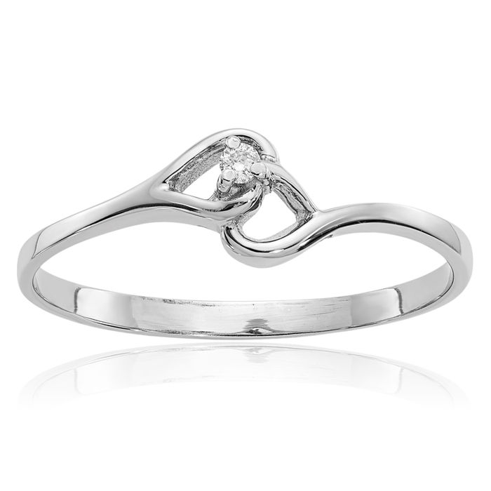 14K Solid White Gold Diamond Heart Ring Love Band