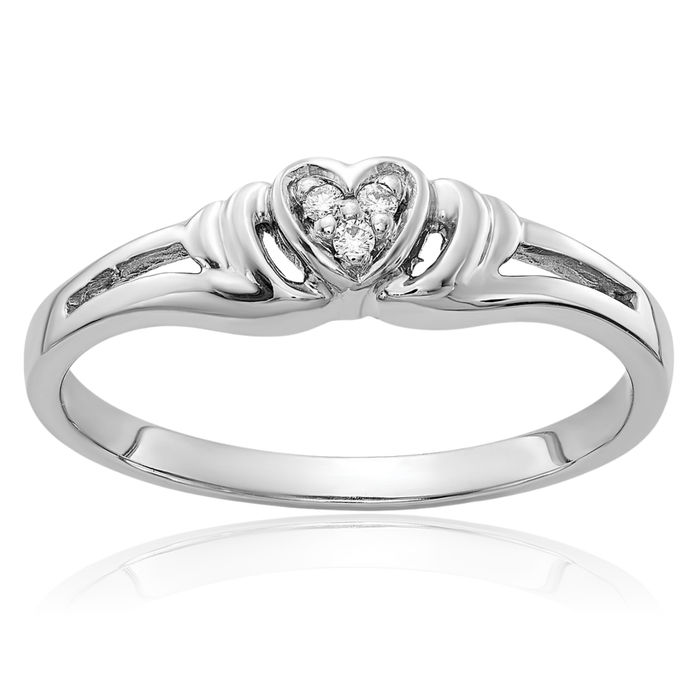 14K Solid White Gold Diamond Heart Ring Love Band