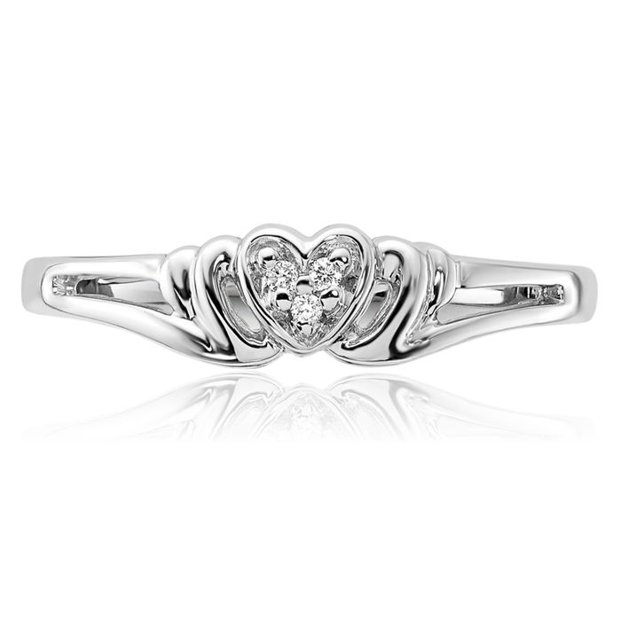 14K Solid White Gold Diamond Heart Ring Love Band