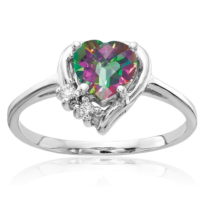 14K Solid White Gold Diamond Heart Ring Love Band