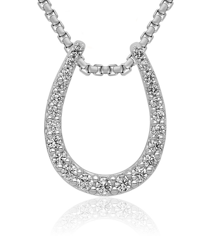 14K Solid White Gold Diamond Lucky Horseshoe Floating Chain Slide Pendant Necklace Animal Lover Equestrian Charm