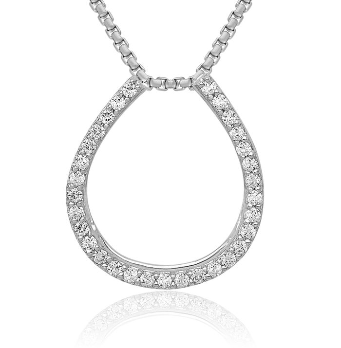 14K Solid White Gold Diamond Lucky Horseshoe Floating Chain Slide Pendant Necklace Animal Lover Equestrian Charm