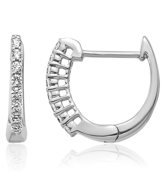 14K Solid White Gold Diamond Huggie Mini Small Hoop Earrings