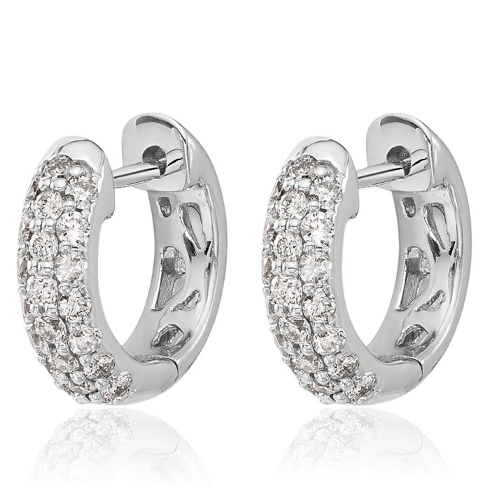 14K Solid White Gold Diamond Huggie Mini Small Hoop Earrings