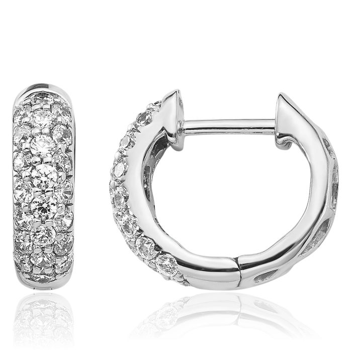 14K Solid White Gold Diamond Huggie Small Hoop Earrings