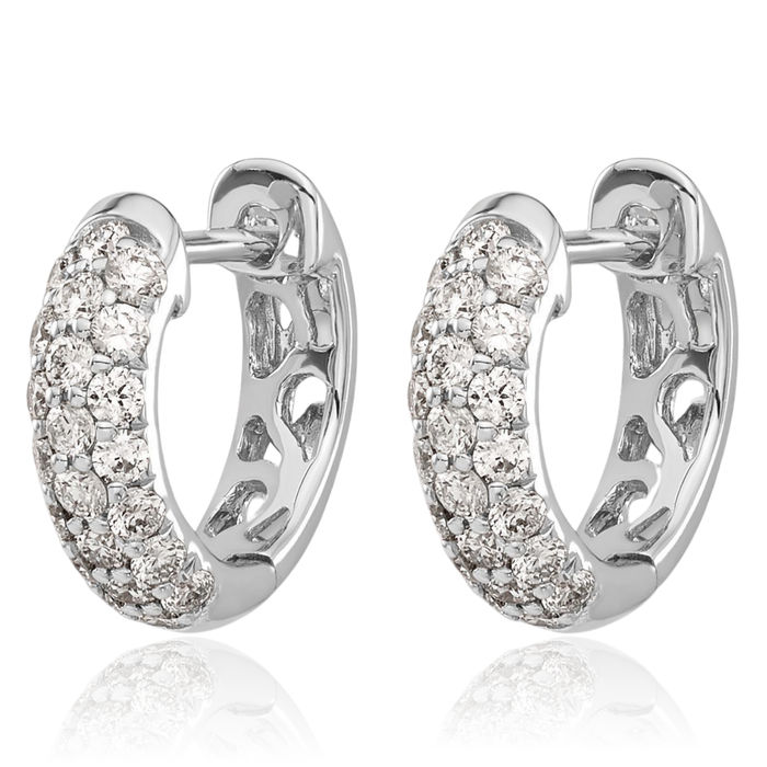 14K Solid White Gold Diamond Huggie Small Hoop Earrings