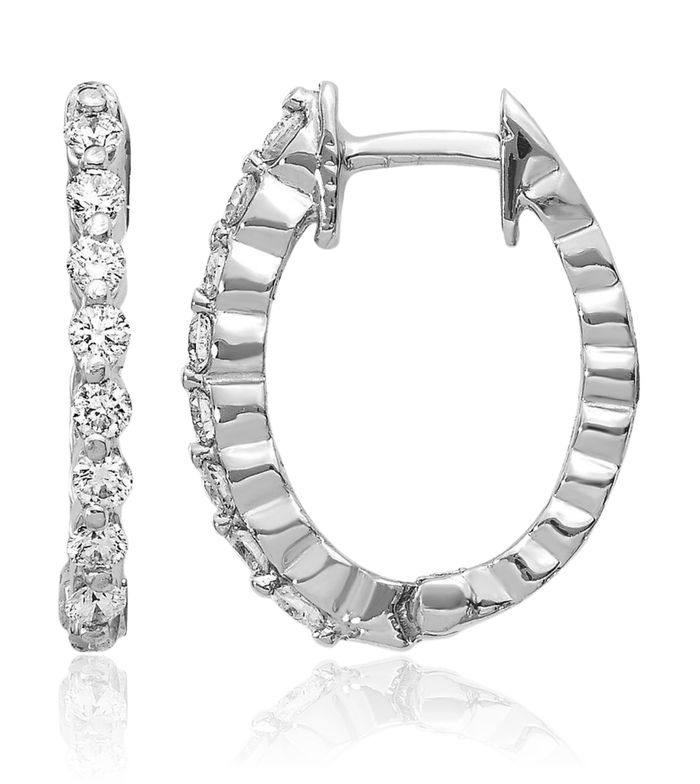 14K Solid White Gold Diamond Huggie Small Hoop Earrings